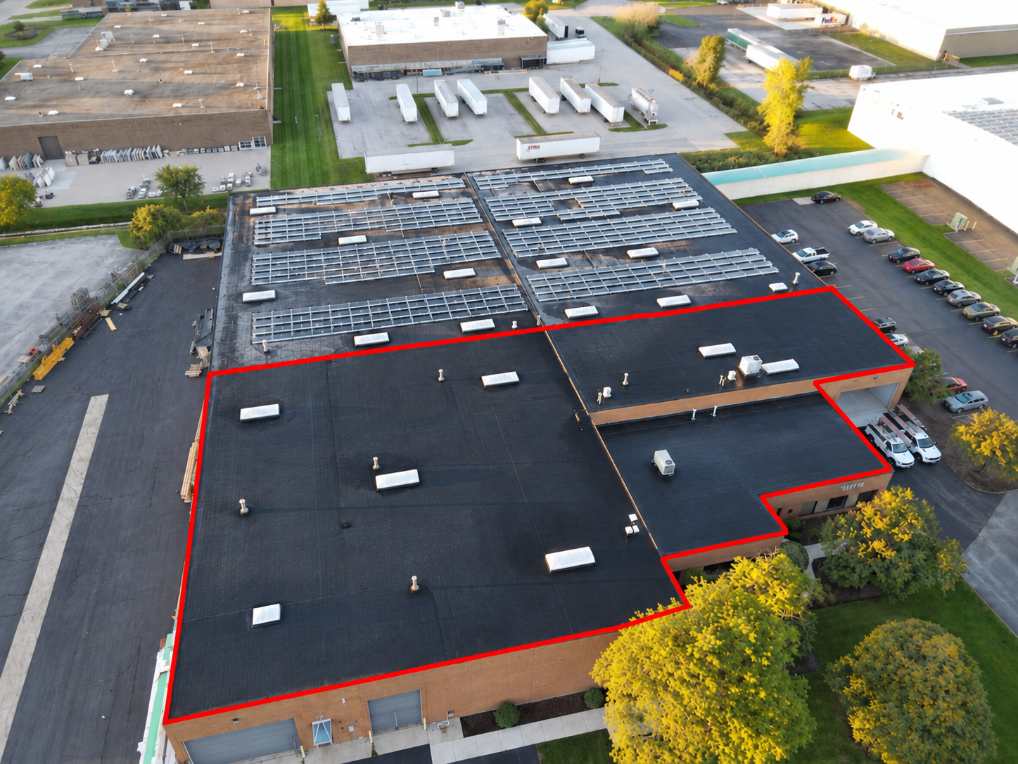 Aerial view of the Kingspan roof with the project area outlined in red
