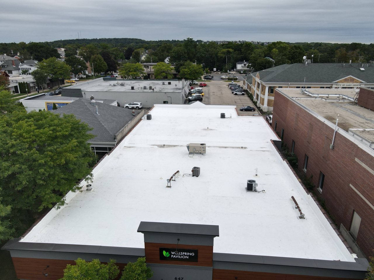 Drone view of the Wellspring Pavilion roof and entrance