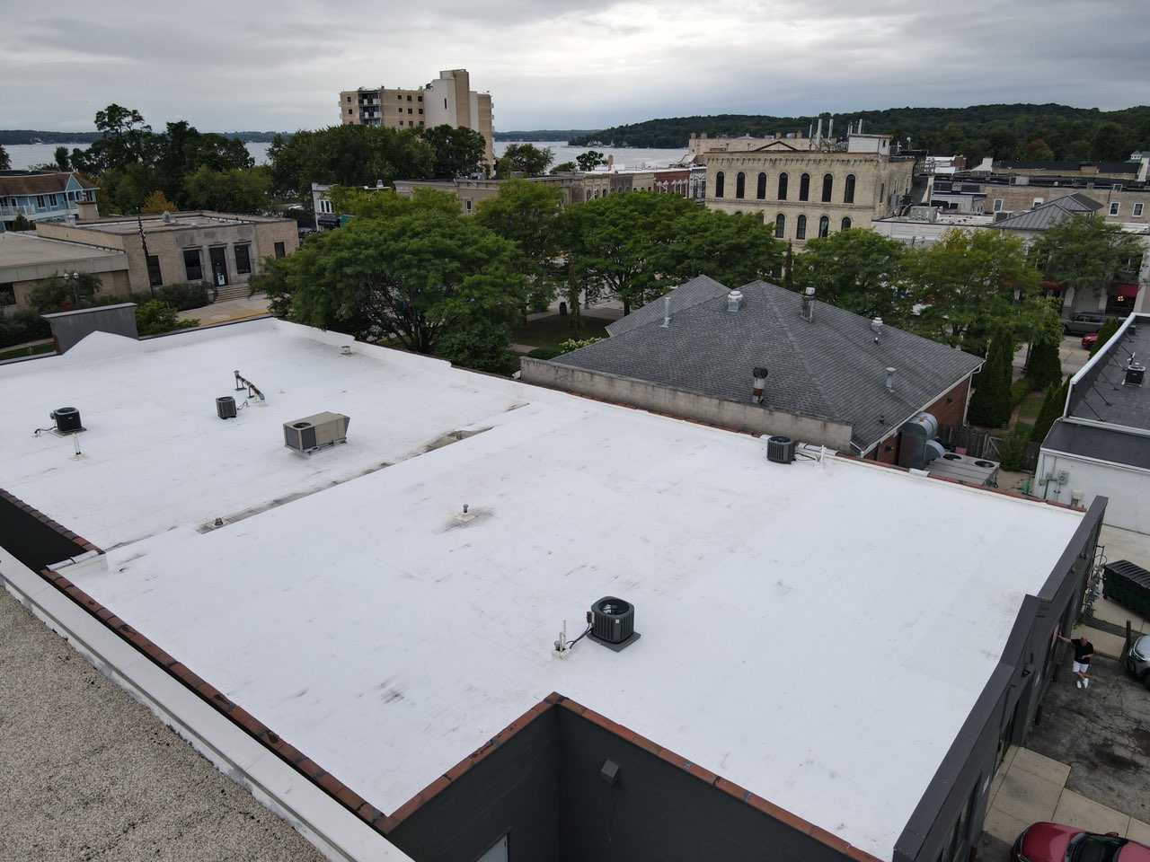 Angled aerial view of the Wellspring Pavilion roof near Lake Geneva